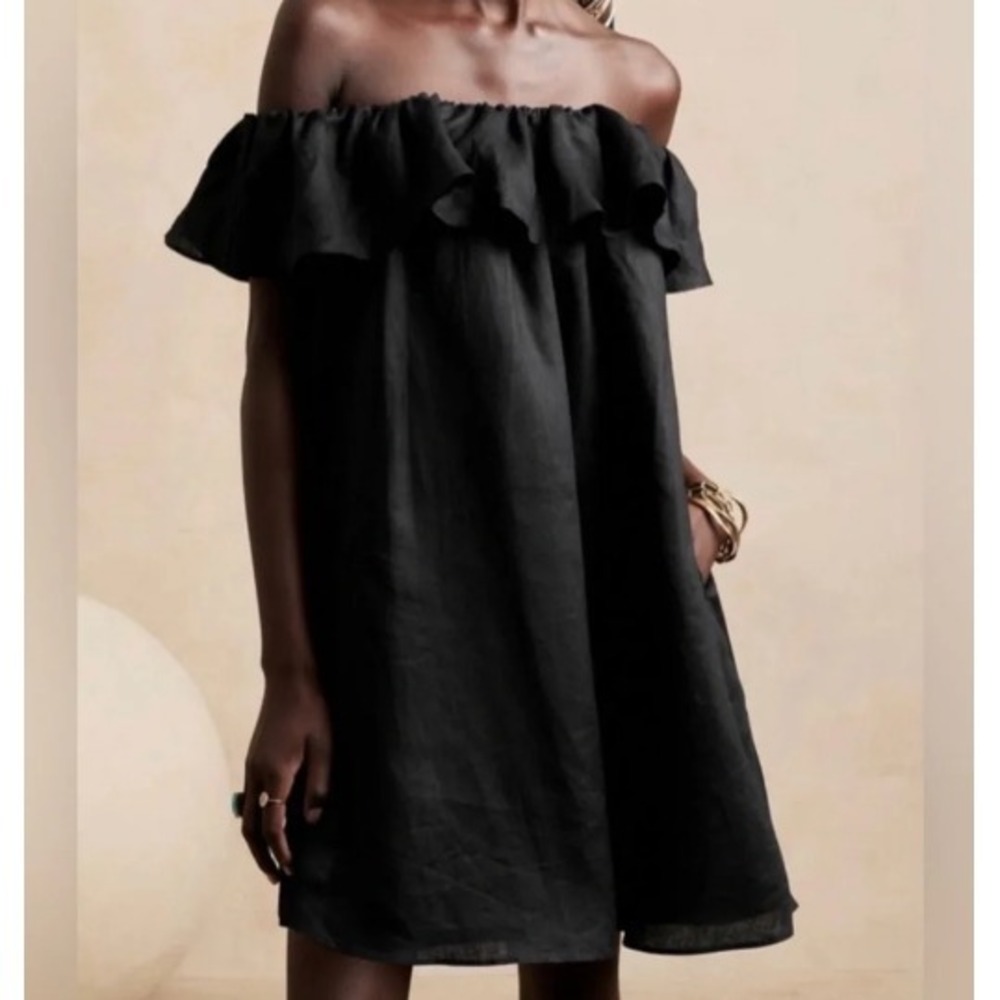 Banana Republic Off Shoulder Linen Dress Womens M Black Ruffle Coastal NWT